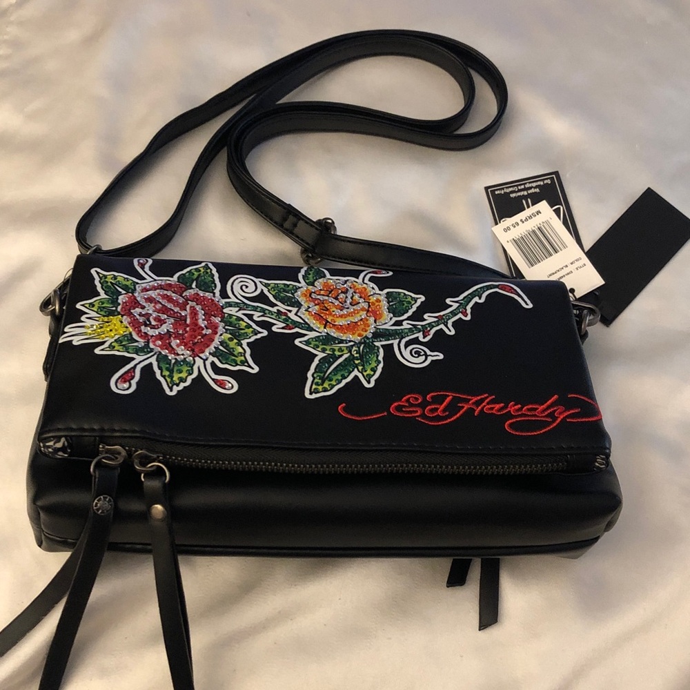 Ed Hardy Black Clutch Rose Tattoos Crystal Accents + Shoulder Strap NWT